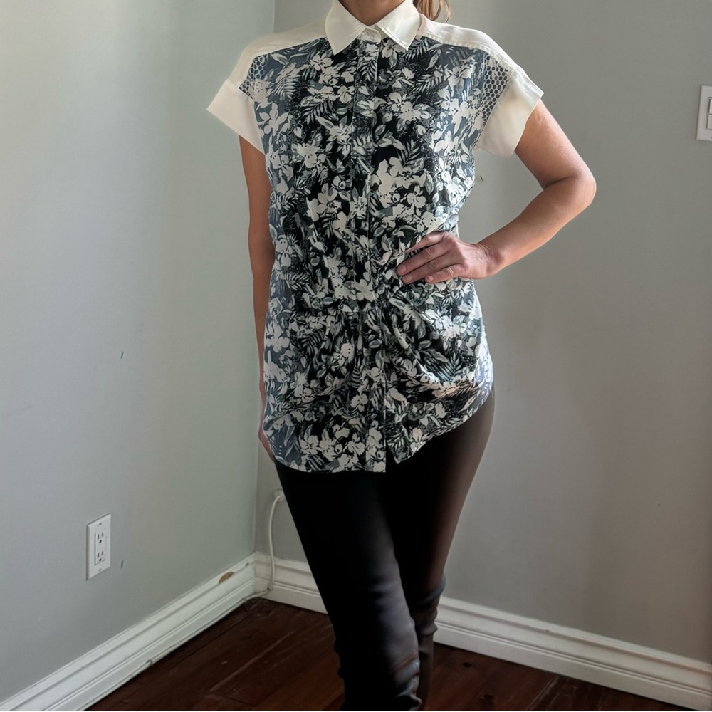 COPY - Alexander Wang Silk Tunic Blouse, Floral Dot Print, White & Blue, Collar…